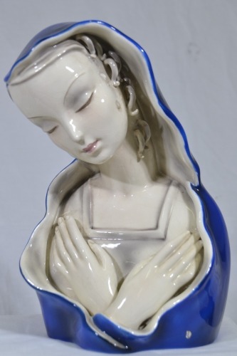 Religious Artifact - Goldscheider, Madonna with Child, Hand painted Austrian Porcelain, Marked to base. Damage to hair.