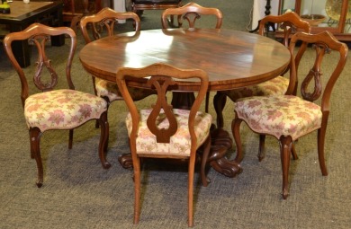 Furniture - Rosewood dining set, Carved Round pedestal table with 6 upholstered chairs, D 120cm.