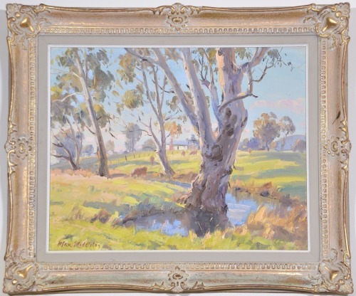 Art - Max Middleton, Landscape with rural station scene and cows, Oil on board with gilt frame, approx. 49 x 39cm (including frame 53 x 64 cm)