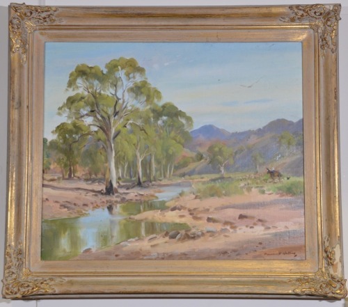 Art - D. Hollica, River scene with falls and sheep, Oil on board with gilt frame, 73 x 64 cm, Damage to frame.