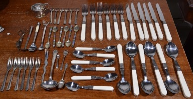 Flatware - Box of assorted stainless steel cutlery and serving ware