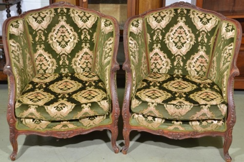 Furniture x 2 - 2 x French bergère carved chair with cut velvet upholstery. As found.