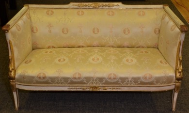 Furniture - Neo Classical Painted Couch with satin upholstery and gilt highlights, 158 x 78cm.