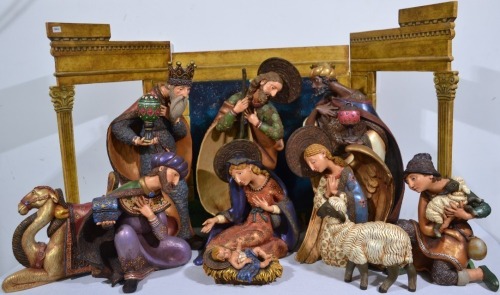 Religious Item x 11 - Large painted nativity scene, 10 pieces with 1 x backdrop.