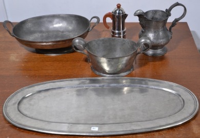 Homewares x 7 - Assorted pewter serving ware incl. 1 x platter, 1 x jug, 2 x bowl, 1 x coffee pot, 2 x glass jugs