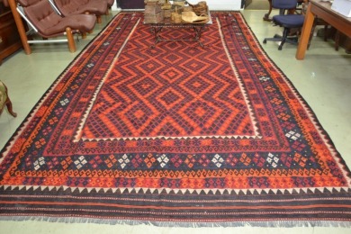 Furniture - Tribal Killan Rug, Orange, Reds and Blues, worn, 275 x 560cm.