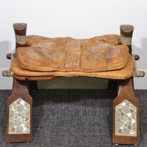 Furniture - Camel seat inlaid mother of pearl leather padded seat with silver patterns, L 70cm