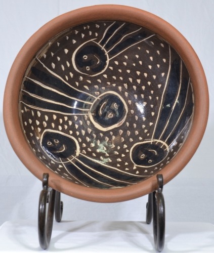 Pottery - J. McLeod, Large fruit bowl featuring tribal figures, hand painted stoneware, D 30cm