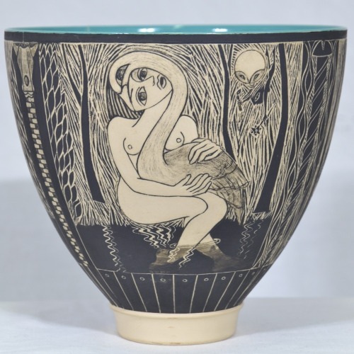 Pottery - J Harthoorn, Bowl featuring Leda and Swan, hand painted ceramic with paperwork, 17cm, 12cm cracked side.