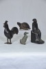 Figurines x 4 - 1 x Stone Egyptian seated figure (repaired), 1 x Metal turtle, 1 x Metal bird, 1 x Metal cockerel - 2