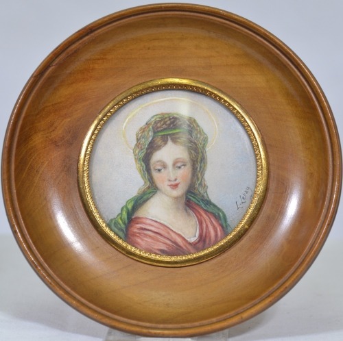 Miniature - L. Leray Lady with Halo, Hand painted with round wooden frame, D 11cm