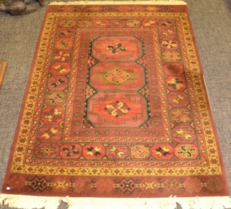 Furniture - Rug, Wool, Reds and Browns, worn, 250 x 140cm.