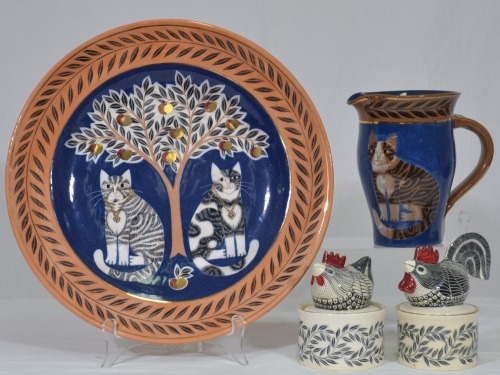 Pottery x 4 - Sally Seymour, 1 x cat plate 1998, 31cm, 1 x cat jug 1998, 15cm, 2 x pots with lids depicting chicken and rooster, 12cm