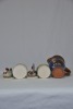 Pottery x 4 - Sally Seymour, 1 x cat plate 1998, 31cm, 1 x cat jug 1998, 15cm, 2 x pots with lids depicting chicken and rooster, 12cm - 2