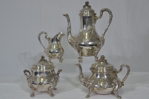 Silverware - Silver Russian tea and coffee servers (840 Stamped) - 1 x coffee pot 870grams, 1 x tea pot 889grams, 1 x sugar pot 568grams, 1 x milk jug 310grams (2637grams total weight)