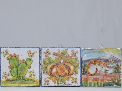 Tiles x 3 - Hand painted Italian tiles, 1 x fruit, 1 x cactus, 1 x cat