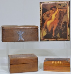 Boxes x 4 - 2 x Inlaid wood, 1 x Silver cherubs, 1 x Print of lovers