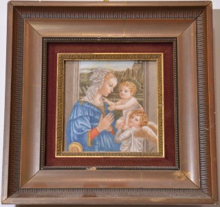 Religious Art - Mother with Child and Angel hand painted on tile, Religious image, 25 x 25 cm.