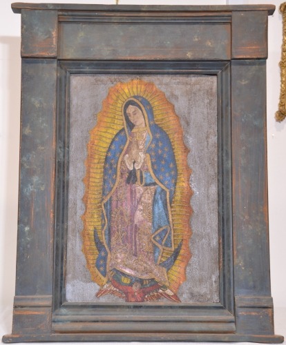 Religious Art - Spanish colonial Madonna painting on canvas with rustic wooden frame.