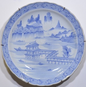 Pottery - Japanese wall charger, blue and white depicting the mountains, 47 cm