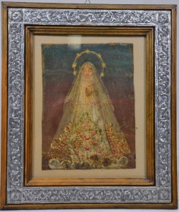 Religious Art - Original painting of an Angel hand painted on tin with timber and silver frame, 34 x 29cm.