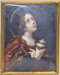 Religious Art - Hand painted miniature of Mary Magdalene looking to the heavens in gilt frame, 12 x 9cm.