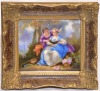 Art - Two European girls reading, Hand painted enamel plaque in decorative frame, 21 x 19cm.