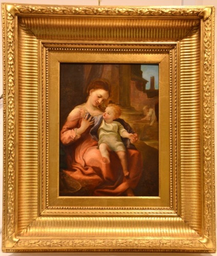 Religious Artifact - Mother with child After Coregio, Oil on board, Heavy gilt frame, 60 x 54 cm