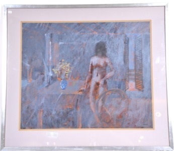 Art - Laurence M. Daws, Artist's wife nude behind glass, oil on board, approx. 75 x 62 cm (excl. frame)