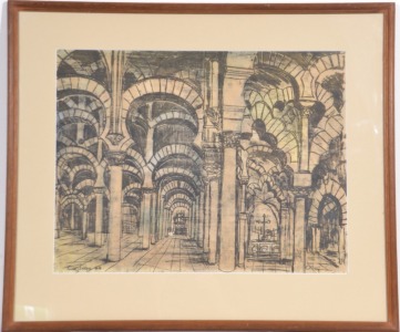 Art - Margaret Olley, Drawing of internal vaulted cathedral ceiling, Cordoba 1982, approx. 54 x 41cm (excl. frame).