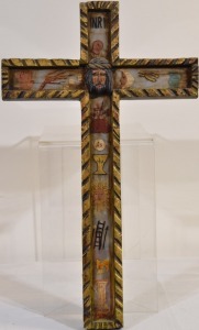 Religious Icon - Wooden cross with face of the messiah and religious imagery on mirror, 54 x 33 cm