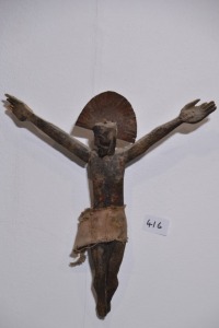 Religious Artifact - Spanish primitive crucifix, Mixed media, H 17cm, Minor damage