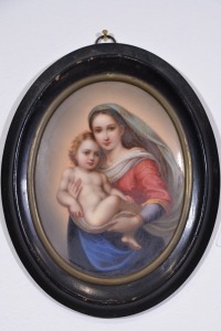 Religious Artifact - Travel Icon, Mother with Child, Oval Enamel Hand painted plaque, 16cm.