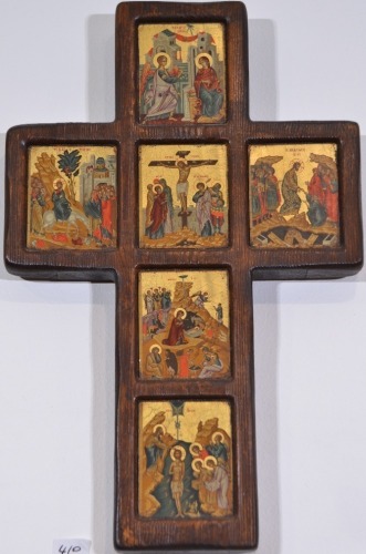 Religious Artifact - A copy of an Ancient Biasentain Icon, Timber Cross with 6 hand painted story panels, H 31cm.