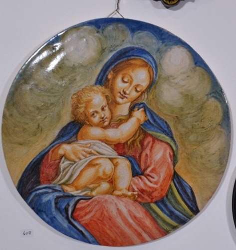 Religious Artifact - Terracotta Plaque, Mother with Child, Hand painted Italian Enamel, D 32cm.