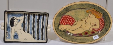 Pottery x 2 - Contemporary female nudes on dishes x 2