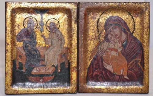 Religious Artifact - Diptych Icon, Hand painted with Gilt highlights on timber, 28 x 18cm.