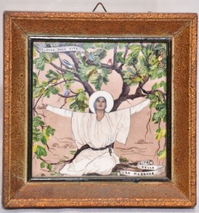 Religious Artifact - "Vita Della La Madonna" Madonna with Birds, Ceramic tile in gilt frame, 18 x 18cm.