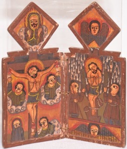 Religious Artifact - Ethiopian Diptych, Hand painted on carved timber, 23 x 24cm.