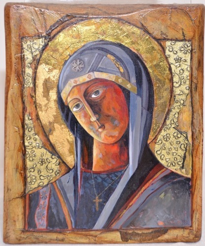 Religious Art - Dialle Millnar, Moonlight Madonna icon, Painted collage, 29 x 24cm.