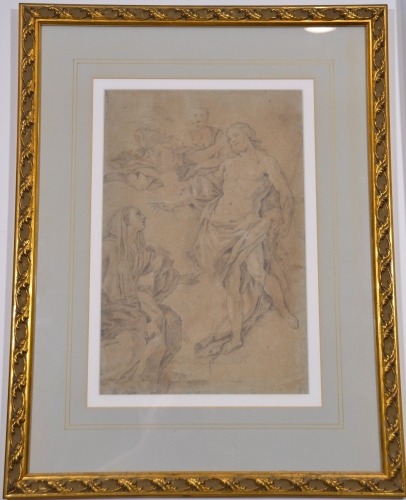 Religious Artifact - Solimena, Religious theme drawing, Charcoal/ Chalk on paper in Gilt frame, approx. 26 x 39cm (excl. frame).