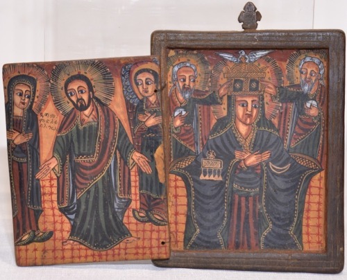 Religious Artifact - Ethiopian Coptic diptych, Hand painted with carved timber frame, 18 x 14cm.