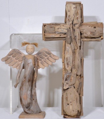 Religious Artifacts x 2 - Cross and angel made from driftwood.