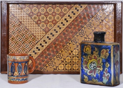 Pottery x 3 - Japanese lacquer tray x 1, Moroccan terracotta mug x 1, Decorative square bottle x 1