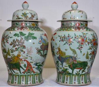 Pottery - Pair of green oriental temple jars with dragons, H 58cm