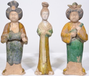 Art x 3 - Tang Dynasty courtesan figurines white terracotta, decorated with amber green and white glaze AD 1618 with paperwork, H 32 cm. As found.