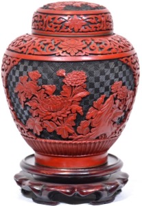 Art - Ginger jar on stand, cinnabar over metal. 17 cm