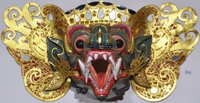 Oriental - Balinese mask mixed media hand painted with gilt. D 47cm