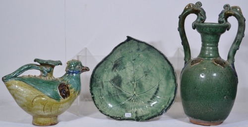 Pottery - Selection of glazed pottery including green vase, plate, duck vase. 37 cm