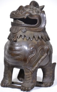 Art - Chinese bronze censor lion figurine standing on a snake, Marked to base, 22 cm